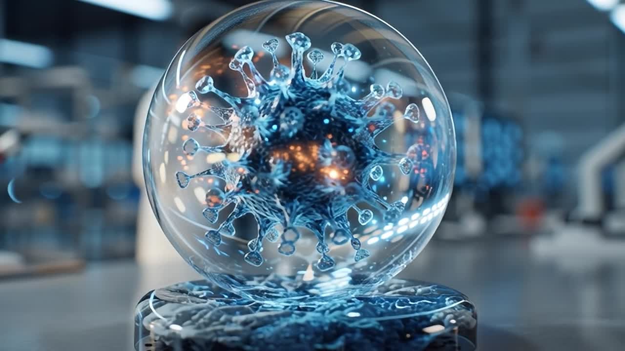 Analisi scientifica di un modello di virus in un moderno ambiente di laboratorio.