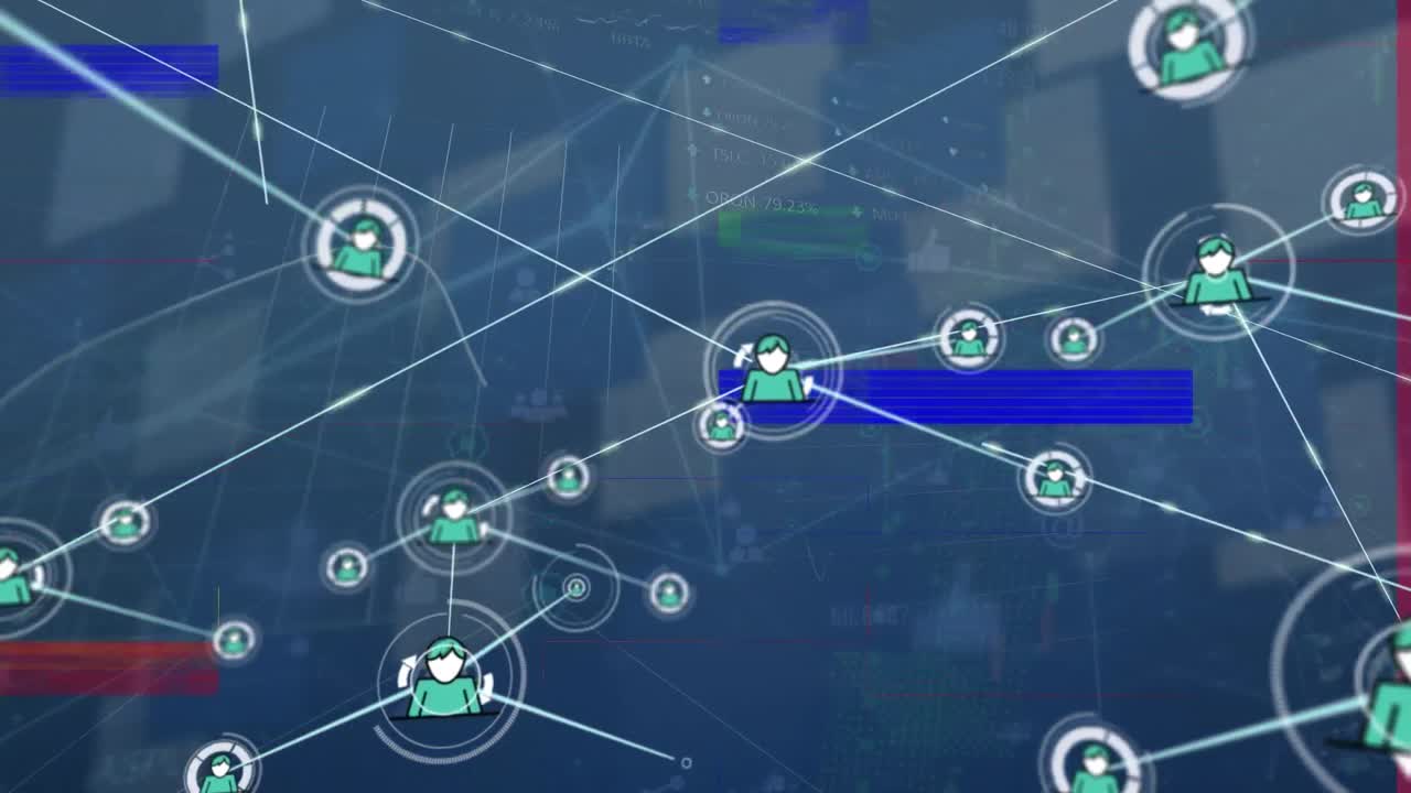 Animation of digital people icons connecting with lines and stock market ticker chart with graphs