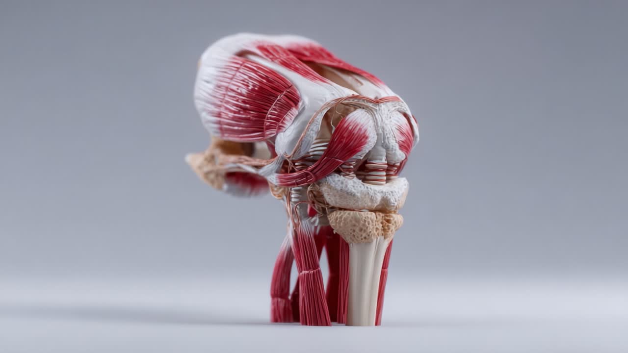 Detaljeret anatomisk model af det menneskelige knæled, der viser muskler, sener og knoglestruktur fra to perspektiver