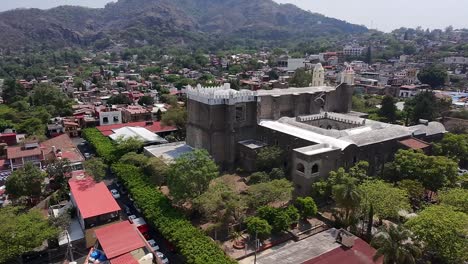 drone orbital view of the church in tepoztlan, morelos