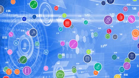 animation of network of connections with digital icons over data processing in background