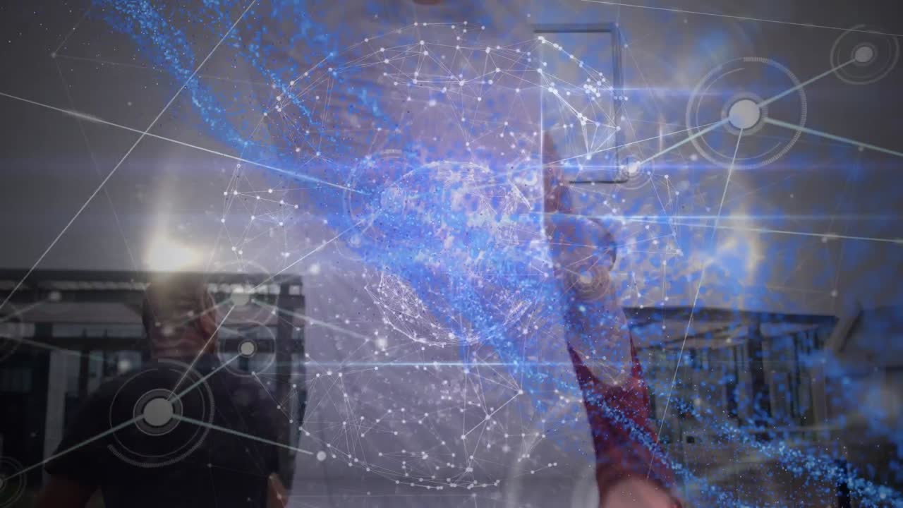 다양한 남자 코치와 팀이 실내 농구 경기를 하는 커뮤니케이션 네트워크의 애니메이션