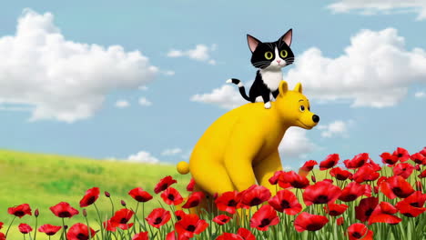 bear and cat in a poppy field