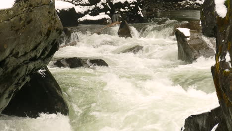 Close-up-strong-and-powerful-river-water-flows-down-rocks-in-nature