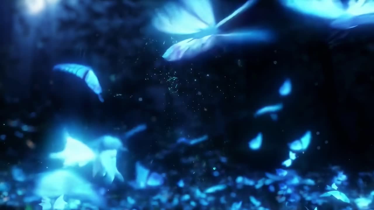 Un’affascinante scena video di farfalle luminose all’altezza degli occhi in una foresta mistica, live desktop