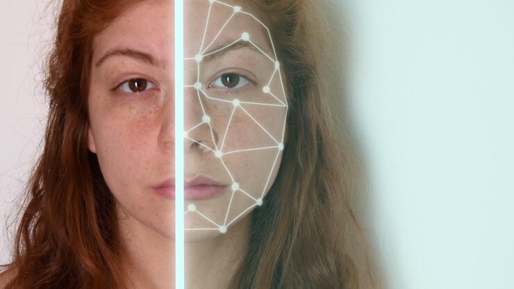 Close up of a young woman with red hair, with a white shirt on a white background, with facial recognition high tech animation with tracking points and a glow effect on only half of her face