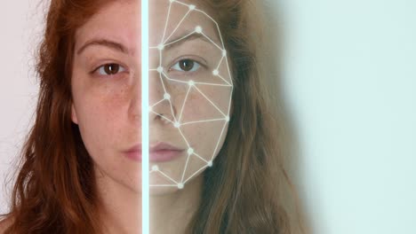 Primer-Plano-De-Una-Mujer-Joven-Con-El-Pelo-Rojo,-Con-Una-Camisa-Blanca-Sobre-Un-Fondo-Blanco,-Con-Animación-De-Alta-Tecnología-De-Reconocimiento-Facial-Con-Puntos-De-Seguimiento-Y-Un-Efecto-De-Brillo-En-Sólo-La-Mitad-De-Su-Cara