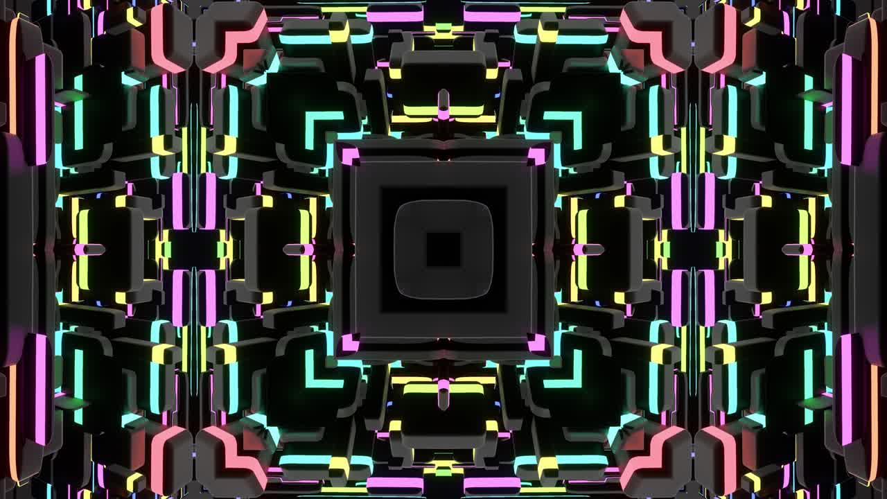 4k fondo en bucle abstracto con estructuras cuadradas simétricas de muchos elementos, bombillas de iluminación, luces de neón multicolores. bucle vj para música, espectáculo festivo o eventos de vacaciones, festivales o conciertos.