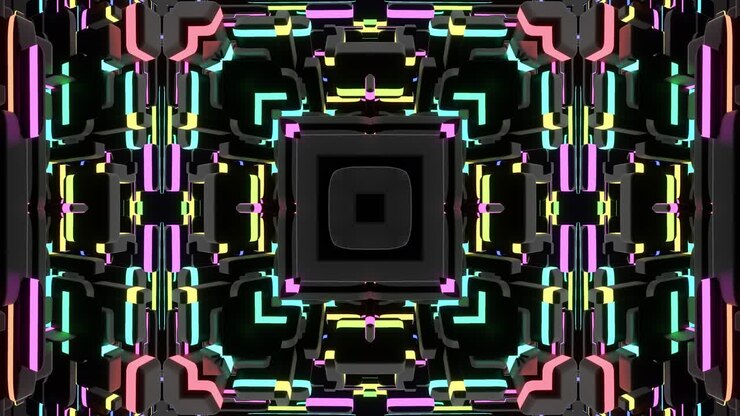 4k abstract looped background with symmetrical square structures of many elements, lighting bulbs, multicolor neon lights. Vj loop for music, festive show or holiday events, festivals or concerts.