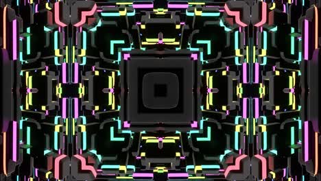 4k sfondo a anello astratto con strutture quadrate simmetriche di molti elementi, lampadine, luci al neon multicolori. anello vj per musica, spettacoli festivi o eventi festivi, festival o concerti.