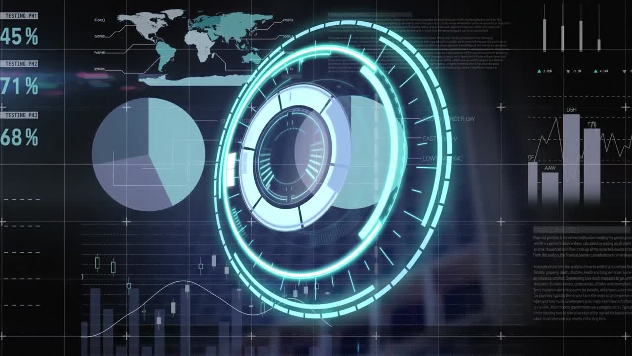 escáner redondo de neón sobre interfaz digital con procesamiento de datos contra un fondo azul