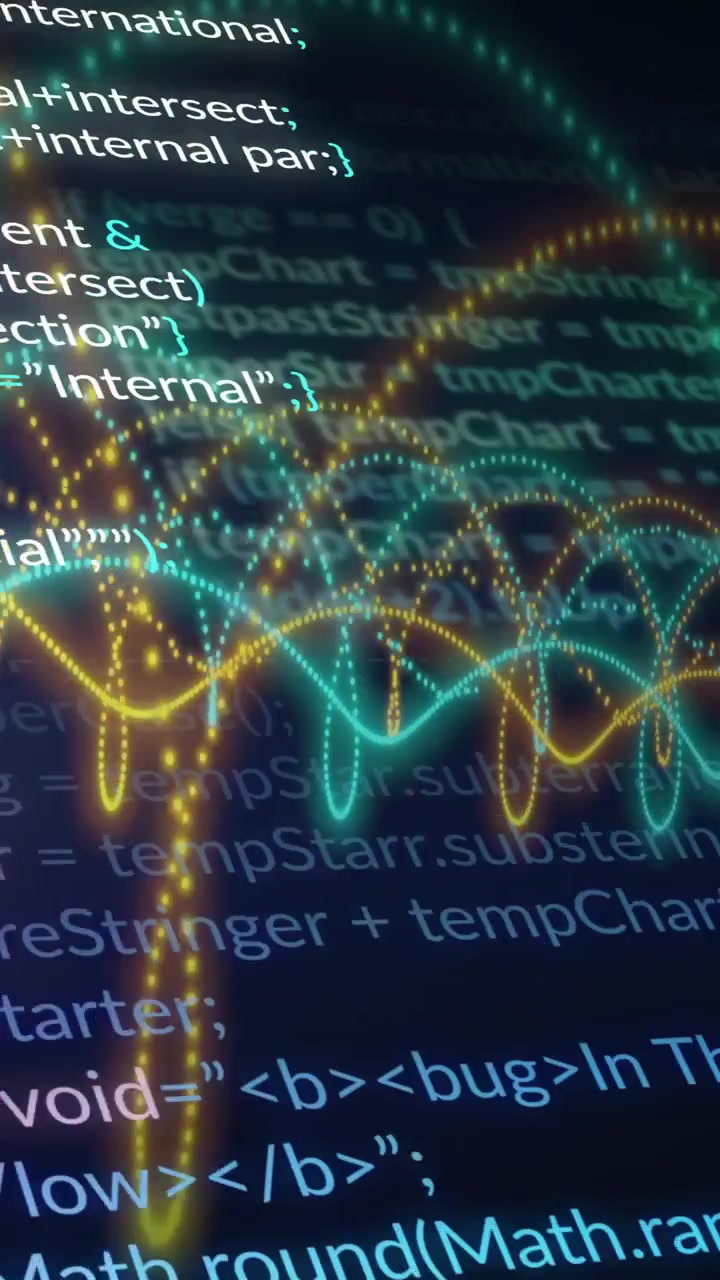 Vertical video: Teal code line pulsing, sending neon waves sweeping and layering, visualizing data