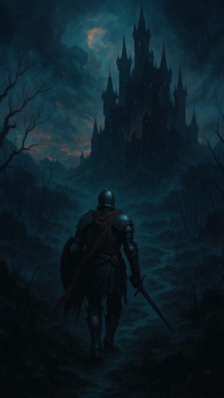 A knight in armor walks towards a dark, ominous castle. Low-angle shot creates a dramatic, cinematic