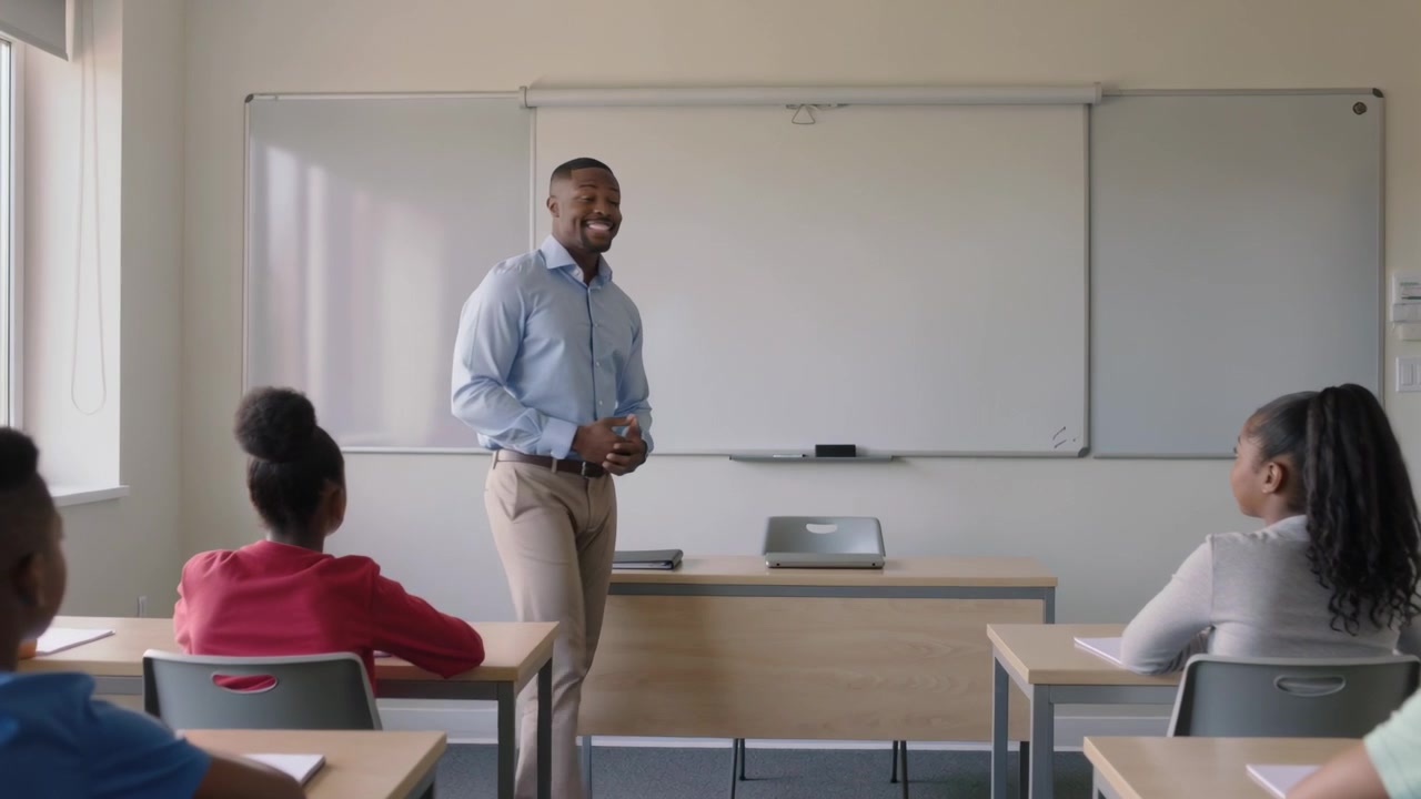 Starting lesson teacher in blue shirt speaking stepping engaging class at whiteboard in classroom