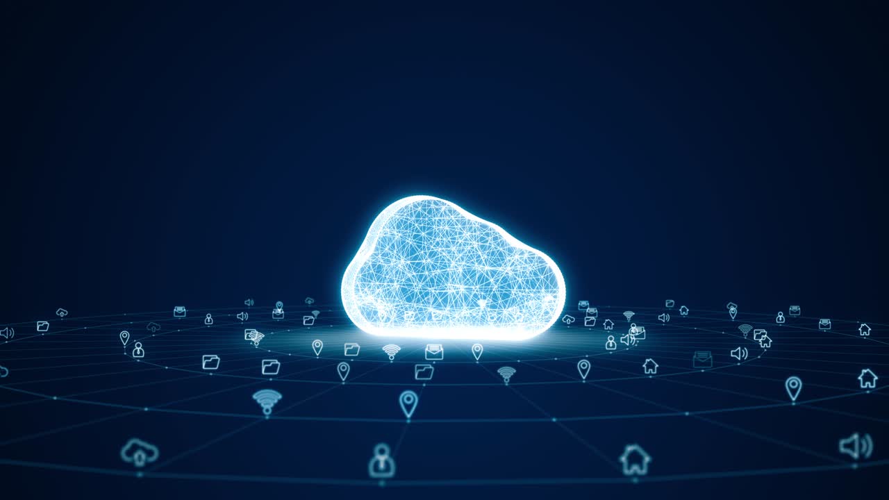 Motion graphic of Blue digital 3D cloud logo with futuristic technology icon and line connection with circle rotation on abstract background concept seamless loop video
