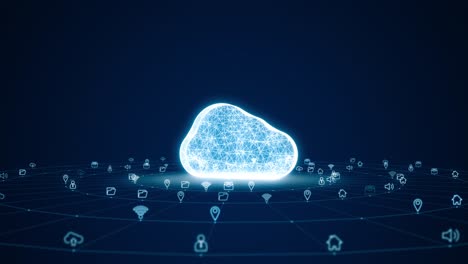 motion graphic of blue digital 3d cloud logo with futuristic technology icon and line connection with circle rotation on abstract background concept seamless loop video