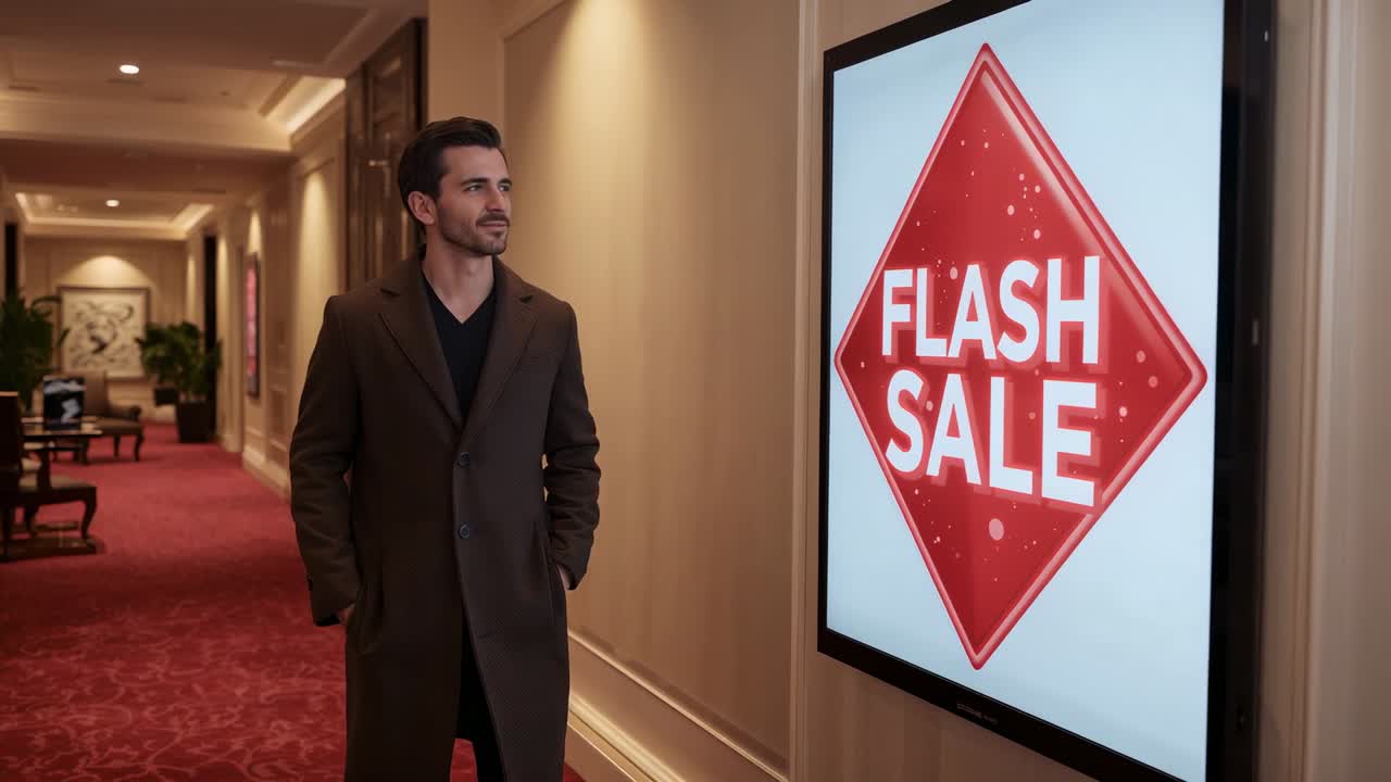 Walking man passing red Flash Sale sign, slowing and examining offer in hotel corridor, copy space