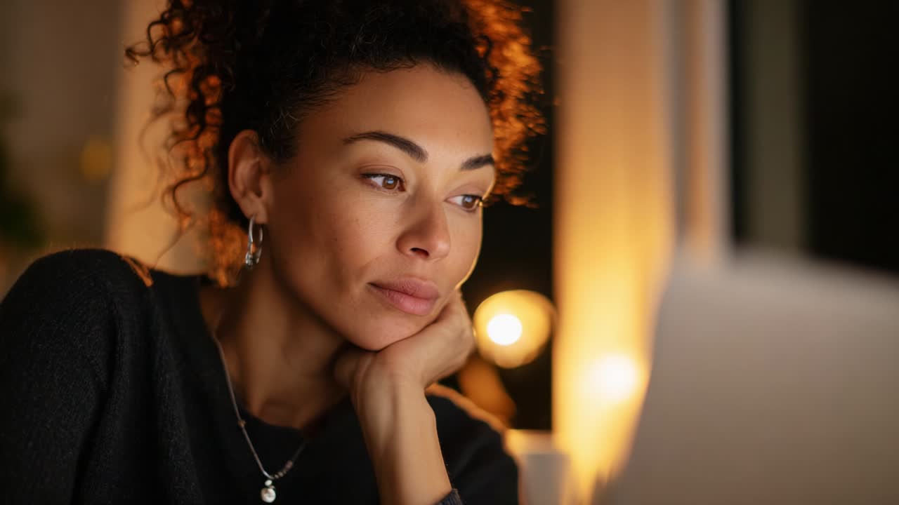 A Thoughtful Woman Deep in Reflection While Working at Home in a Cozy Environment, Highlighted by Soft Warm Lighting Creating a Serene Ambiance, Capturing Moments of Contemplation and Focus