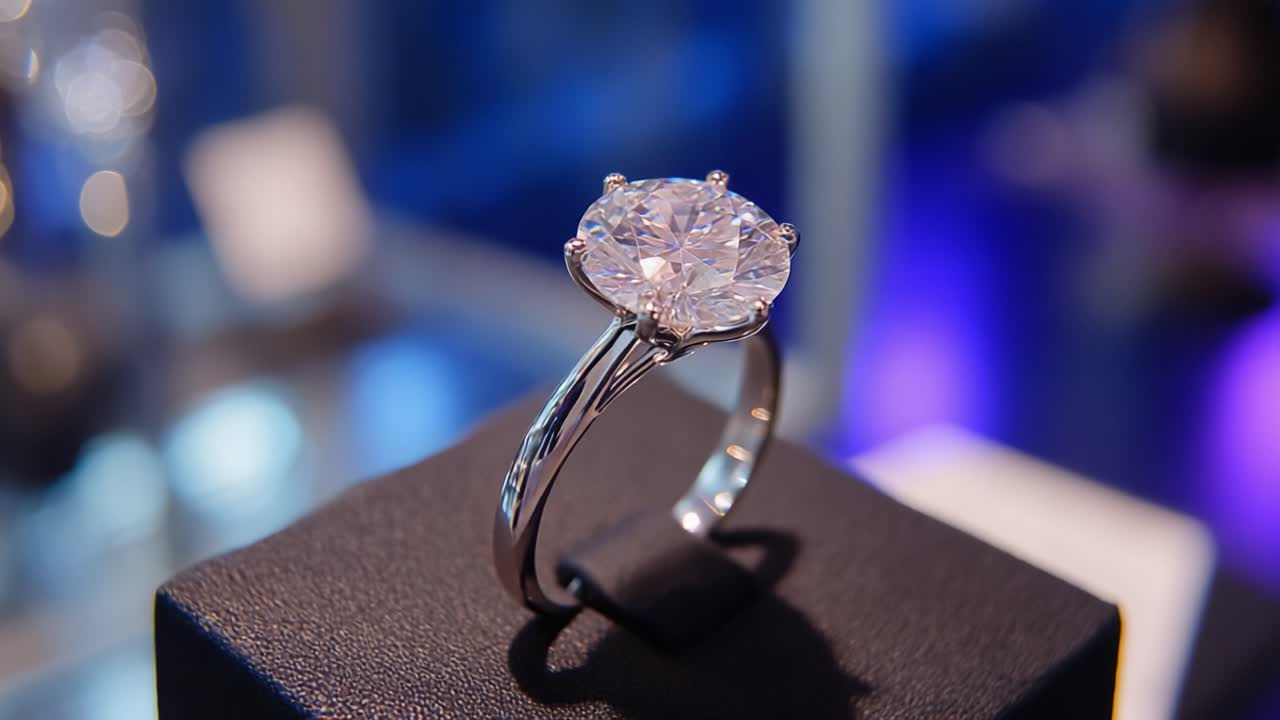 Anello di diamanti elegante e radioso esposto in una cornice squisita, che mostra il suo taglio brillante e la sua scintillante purezza su uno sfondo raffinato
