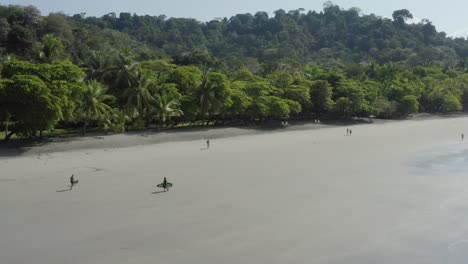 Un-Surfista-Que-Lleva-Su-Tabla-De-Surf-Camina-A-Lo-Largo-De-Una-Gran-Playa-De-Arena-En-La-Costa-Rica-Tropical-En-Un-Día-Soleado,-Un-Dron-Sigue-Un-Tiro-Panorámico