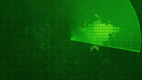 digital green radar screen with world map with sweeping beam rotating across the display