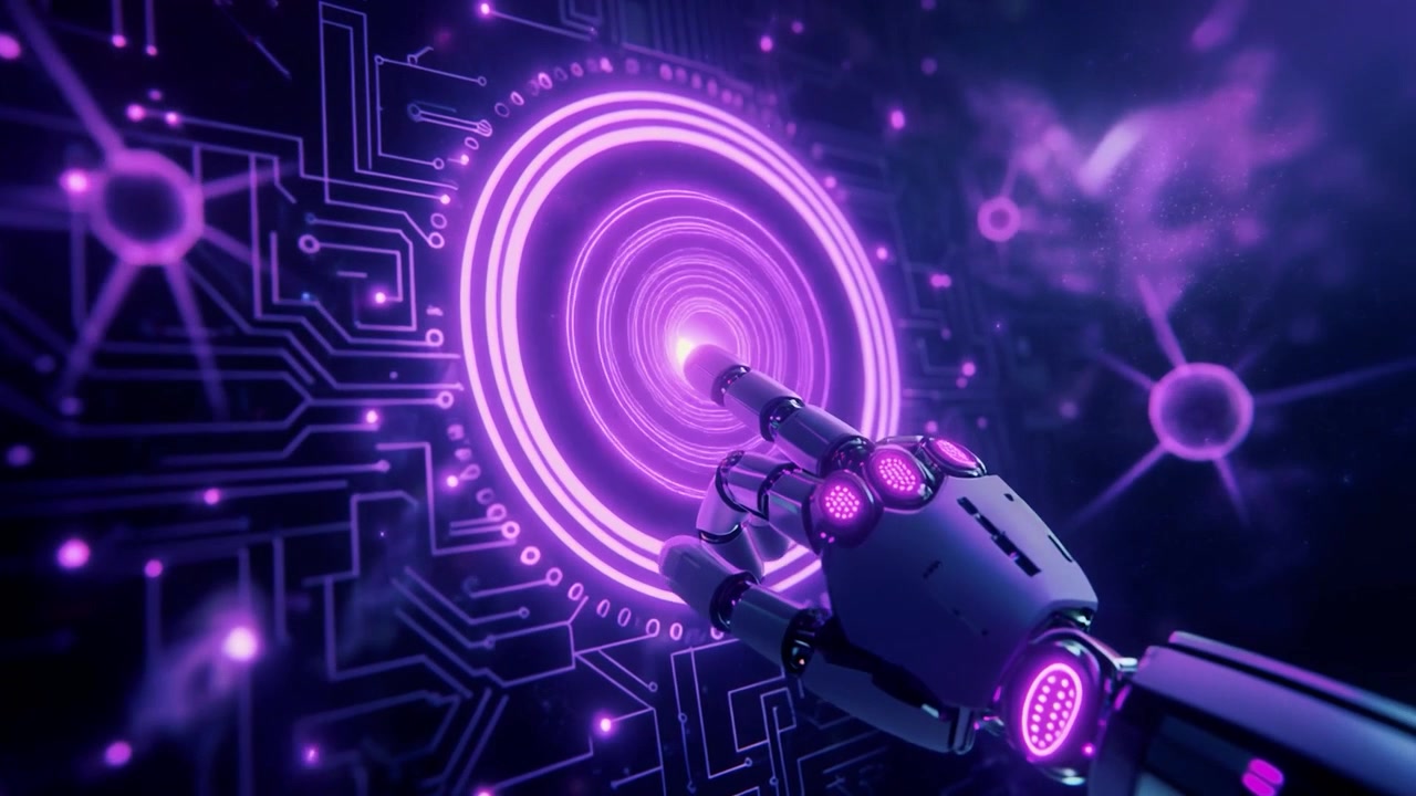 Robotic Hand Touching Glowing Digital Interface in Futuristic Cyber Space
