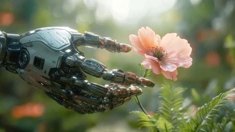 robot hand gently holding a flower