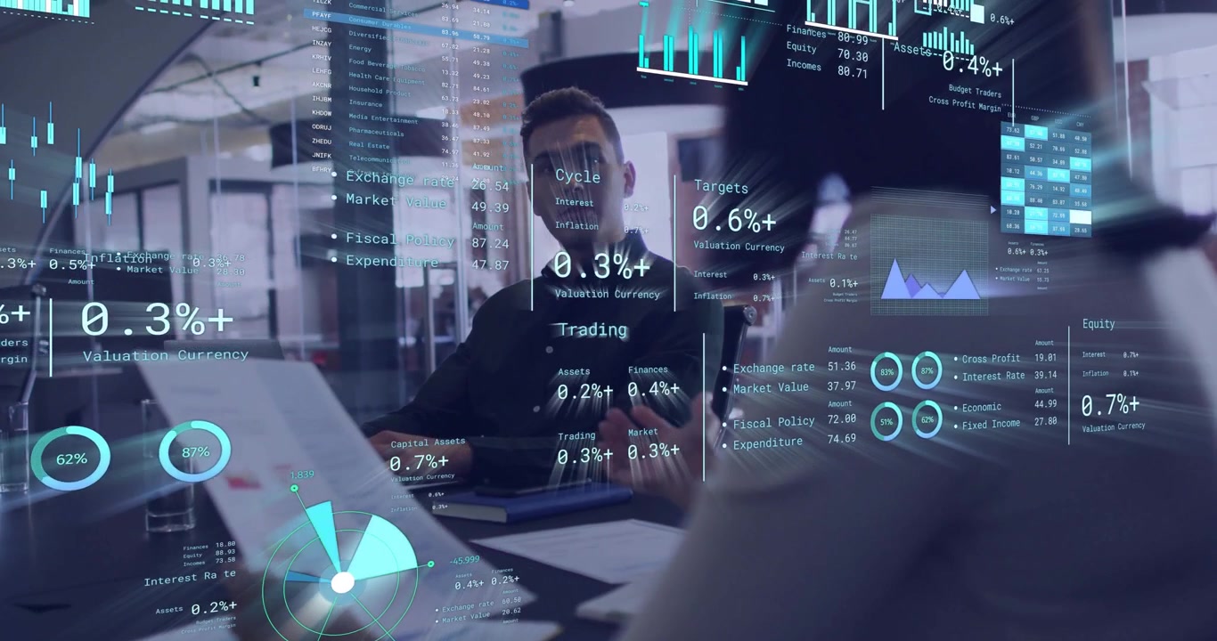Animation of diagrams and data processing over diverse colleagues discussing work in office
