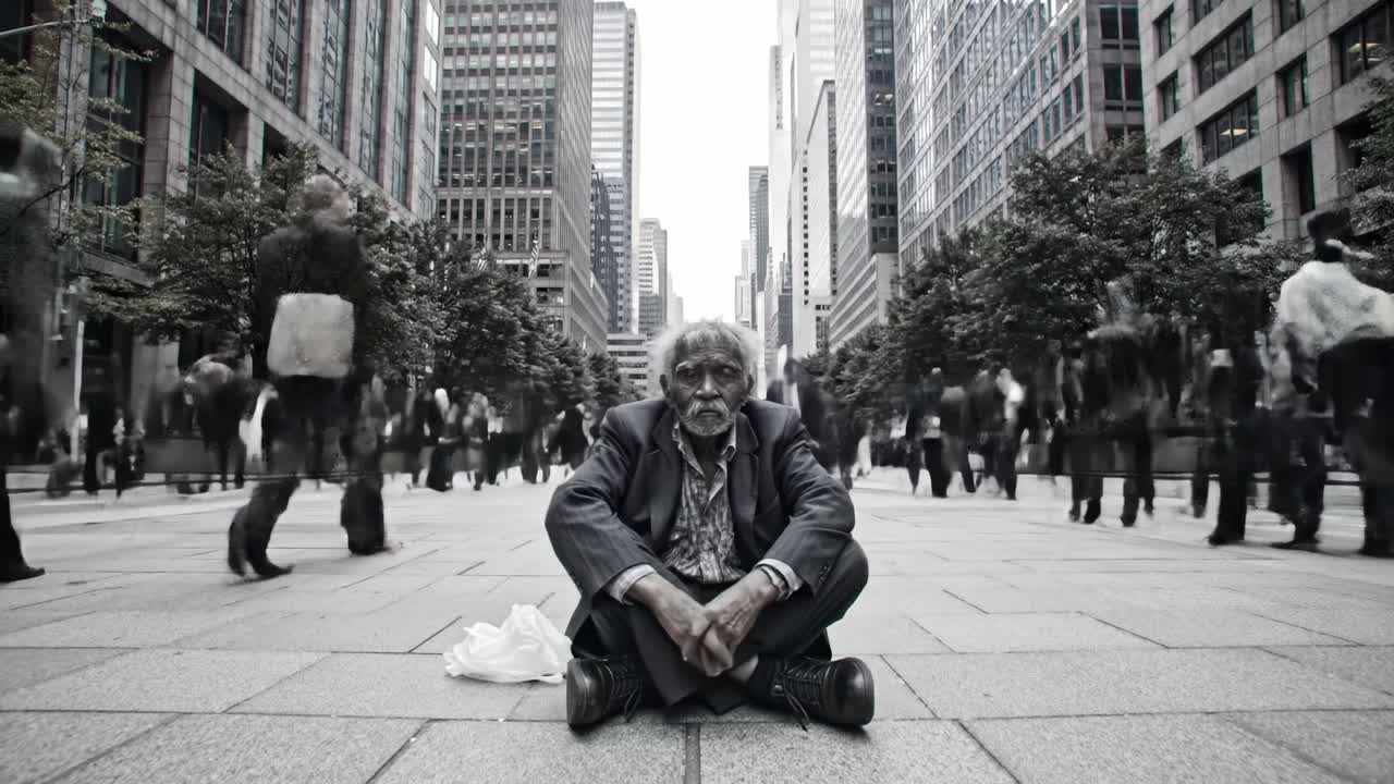 A solitary figure sits on the ground surrounded by the fast pace of city life. The scene captures the contrast of loneliness amidst a crowd of busy pedestrians, showcasing urban isolation.