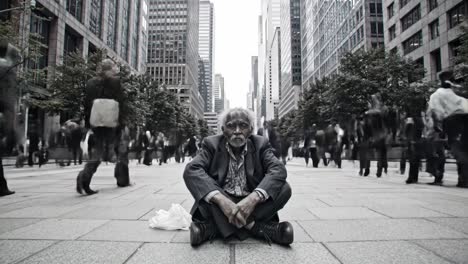 a solitary figure sits on the ground surrounded by the fast pace of city life. the scene captures the contrast of loneliness amidst a crowd of busy pedestrians, showcasing urban isolation.