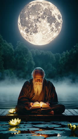 elderly monk reading under the moonlight
