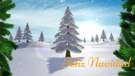animación de feliz navidad texto y nieve cayendo sobre los árboles en el paisaje de invierno