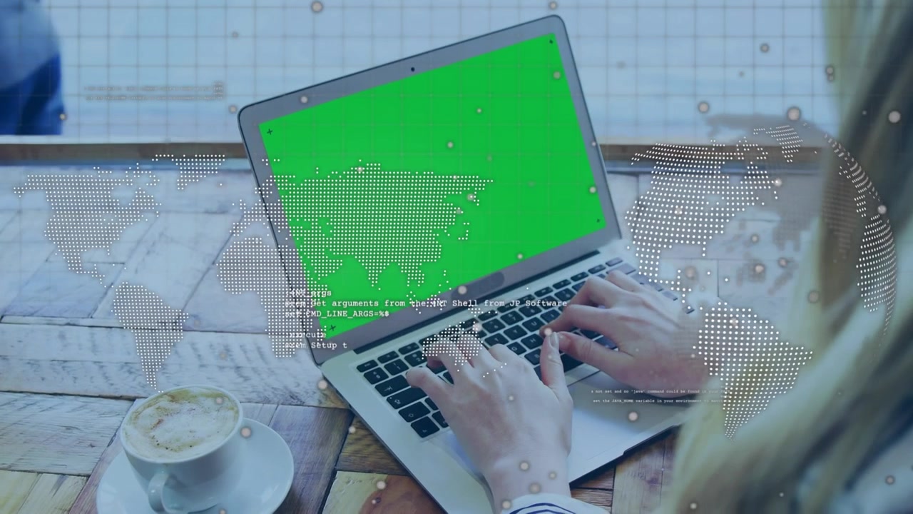 Spinning globe and world map with data processing over woman using laptop with copy space
