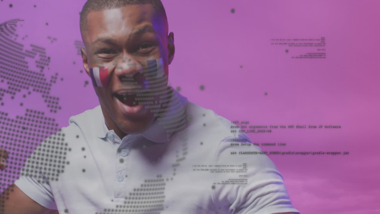 Man with face paint and digital data animation overlay on purple background