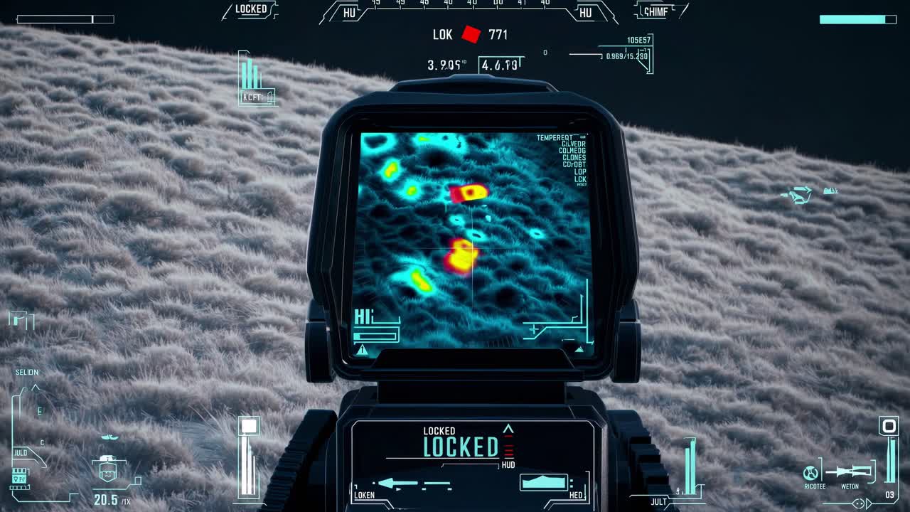 Advanced weapon system locking onto a target in an open field, displaying thermal vision and heads up display - HUD - elements, during a futuristic military operation