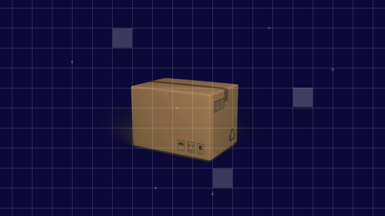 검은색 배경에 대한 격자 패턴과 떨어지는 카드보드 상자에 대한 사각형의 애니메이션