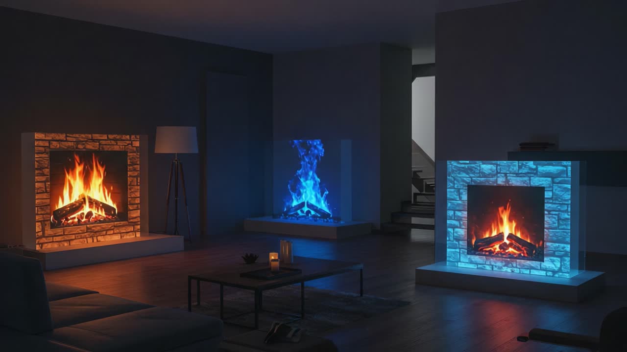 A Cozy Living Room Featuring Two Modern Fireplaces with Colorful Flames and Soothing Atmosphere, Perfect for Relaxation and Ambiance in a Contemporary Home
