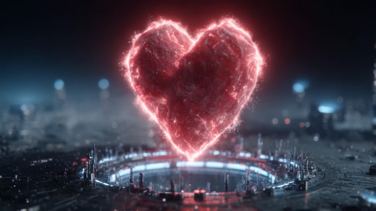 A Stunning Display of Love: Illuminated Heart Surrounded by a High-Tech Landscape, Radiating Energy and Connection Through Digital Artistry