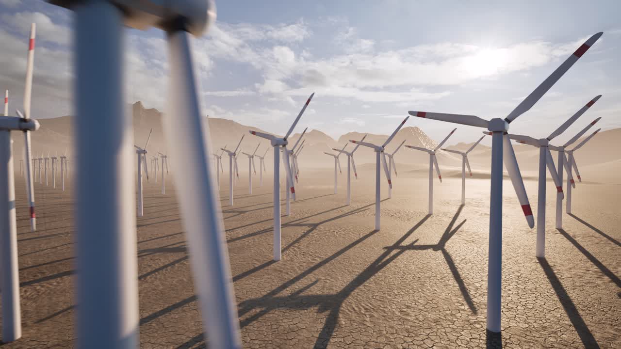 Wind turbines farm in the desert at sunset, 3D animation, animated scene, camera move backwards