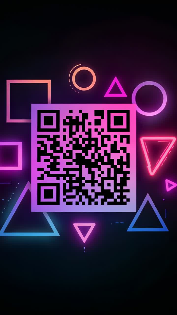 Vertical video: Appearing glowing QR code, pulsing neon shapes, rotating dashed semicircle on black