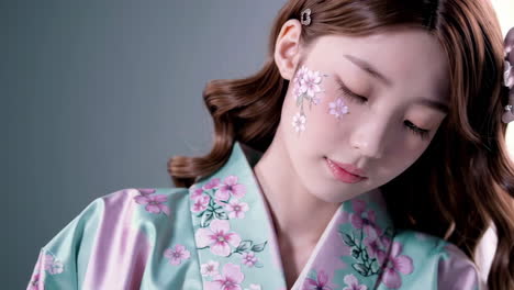 woman in a kimono with floral face painting
