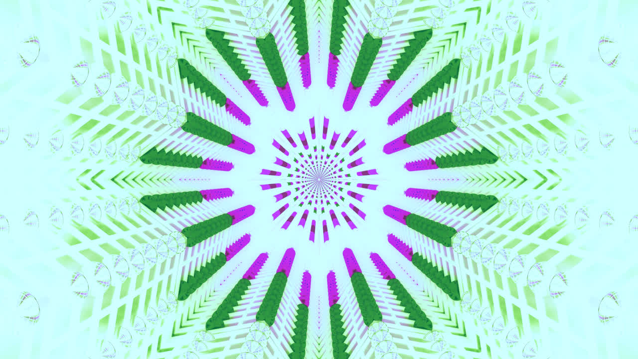 Forme geometriche colorate si irradiano dal centro, creando un effetto visivo ipnotico che si ripete all'infinito. Questo design accattivante offre uno sfondo unico per qualsiasi ambiente.