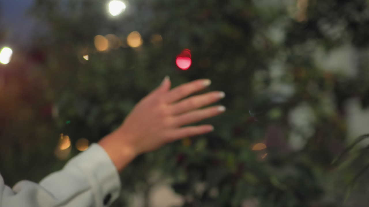 Close up rear view of lady hand gently touching green leaves during evening stroll with colorful bokeh lights in soft focus background, showing peaceful connection with nature and relaxation