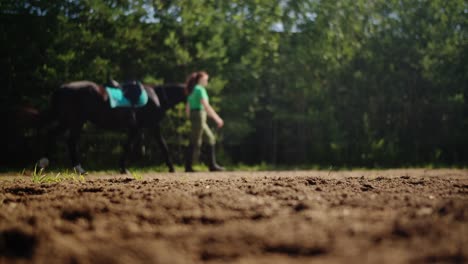 Woman-in-green-shirt-and-army-trousers-walking-a-horse-in-a-field