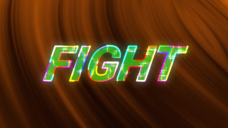 Animazione del testo 'fight' su sfondo con scie luminose