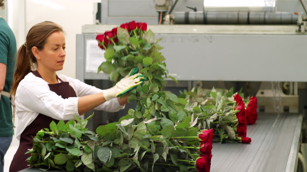 Operaia che controlla mazzi di rose in una fabbrica di fiori