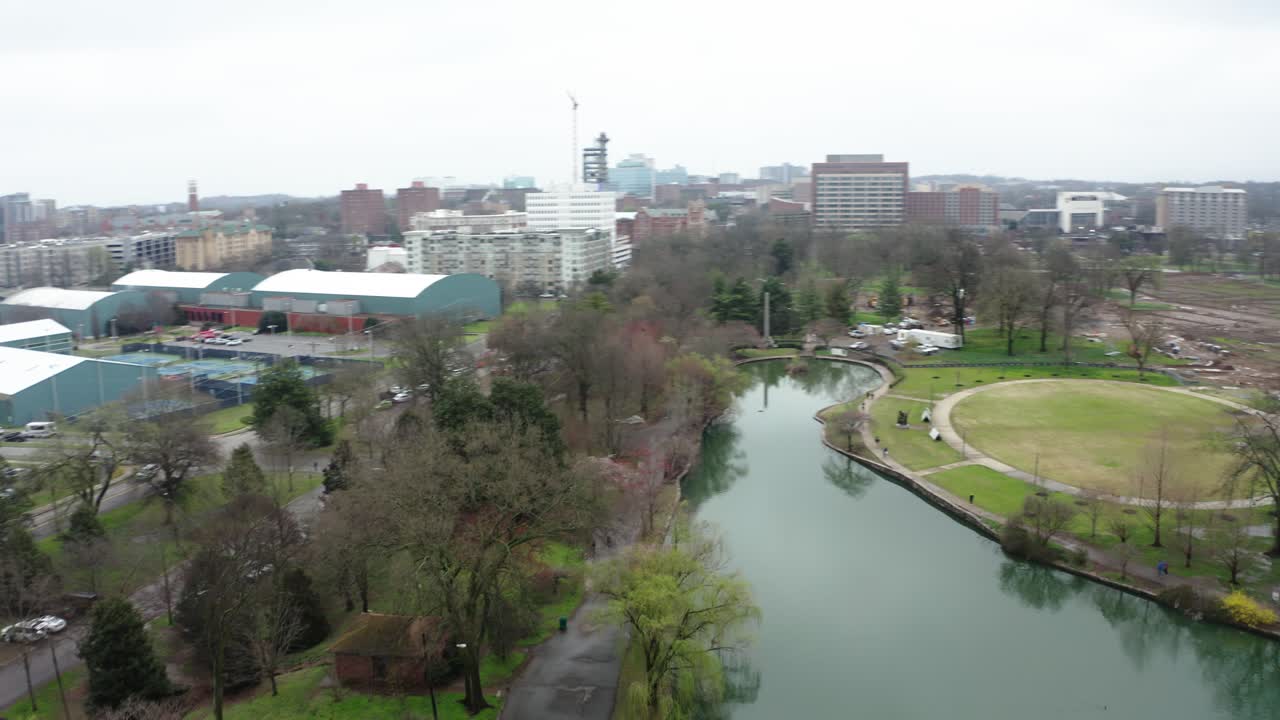 Beautiful skyline of Nashville in aerial drone panning view