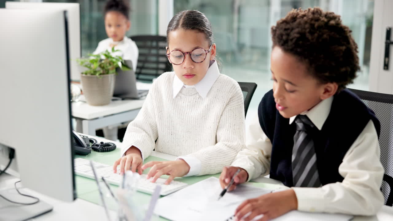 Children working in an office environment
