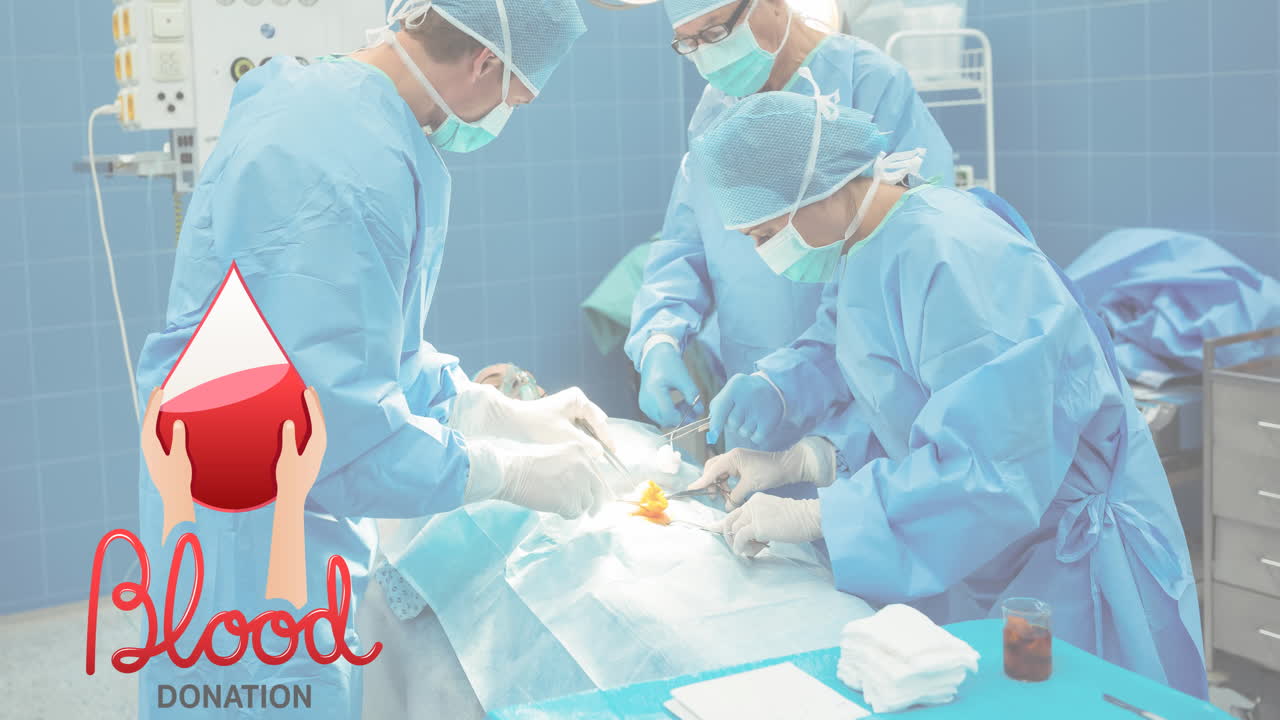 수술실의 의사들 위에 혈액 기증 텍스트의 애니메이션