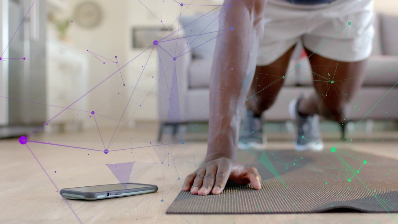 Man tapping phone moving to plank, doing knee drives for fitness as purple overlays tracking motion